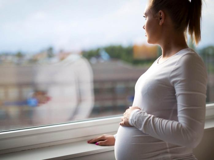 mujer embarazada mirando por la ventana