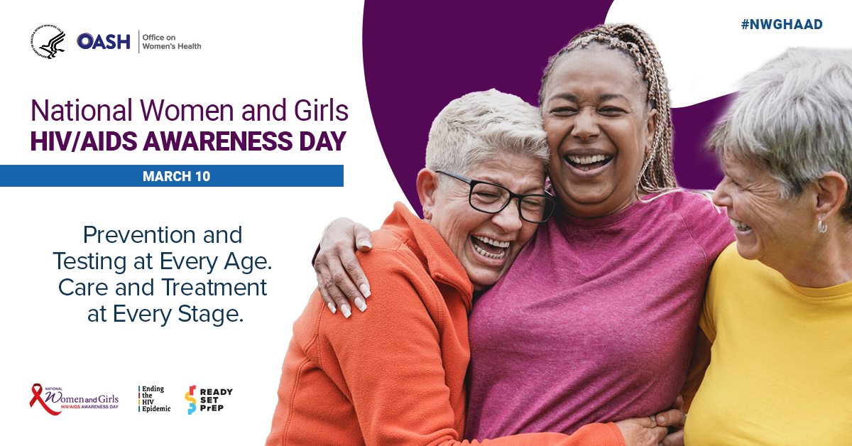 Ad for National Women and Girls HIV/AIDS Awareness Day with three older women embracing each other.