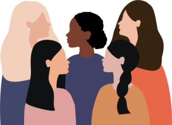 Ilustración de un grupo diverso de mujeres conversando.