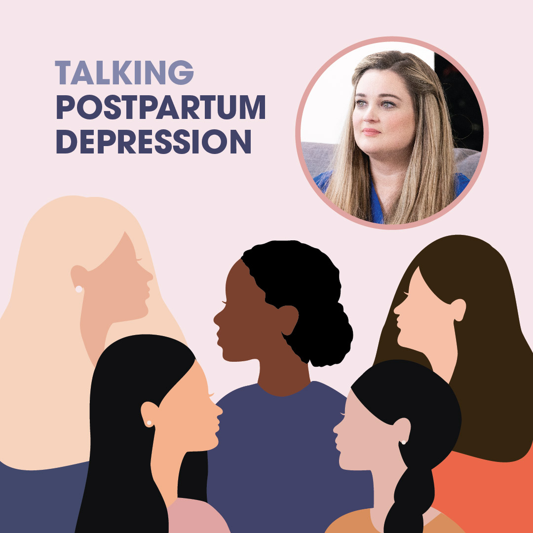 Graphic featuring the text 'Talking Postpartum Depression' above an illustration of a diverse group of women engaged in conversation. Additionally, a small photo of Emily is included.