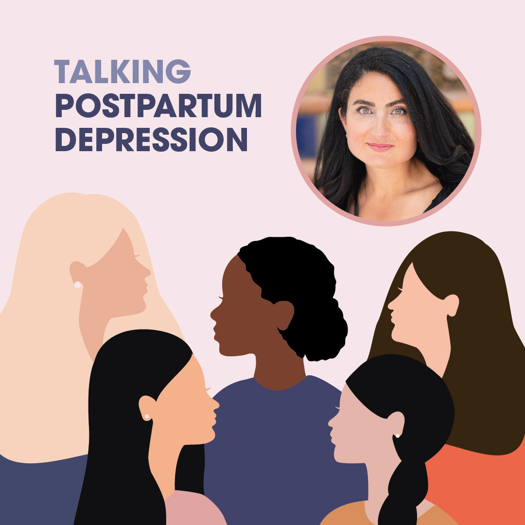 Graphic featuring the text 'Talking Postpartum Depression' above an illustration of a diverse group of women engaged in conversation. Additionally, a small photo of Sara is included.