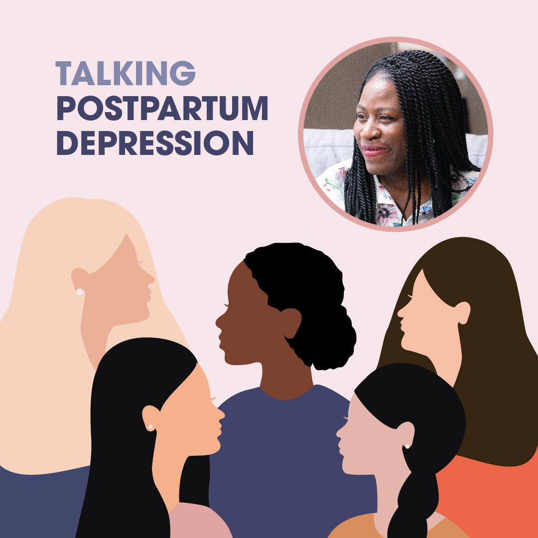 Graphic featuring the text 'Talking Postpartum Depression' above an illustration of a diverse group of women engaged in conversation. Additionally, a small photo of Shawnette is included.