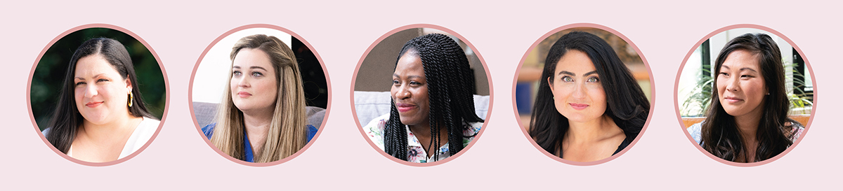 Cinco retratos de mujeres diversas enmarcados en círculos rosas, creando un gráfico vibrante e inclusivo.