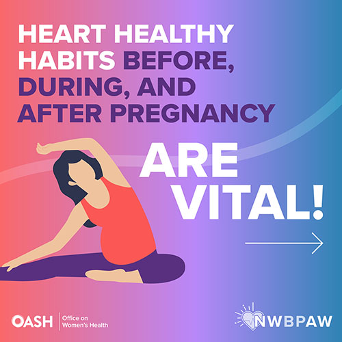 Illustration of four white circles with diverse women inside. The background has a gradient of pink, purple, and blue tones. The text reads: Have high blood pressure? Don’t Go At It Alone — Team Up! Lifestyle changes like eating healthier and getting more exercise are easier with the support of family or friends. Includes logos for OASH - Office on Women’s Health and NWBPAW. 